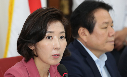 나경원 한국당 원내대표가 2일 국회 원내대표실에서 긴급 기자간담회를 열고 있다. 연합뉴스